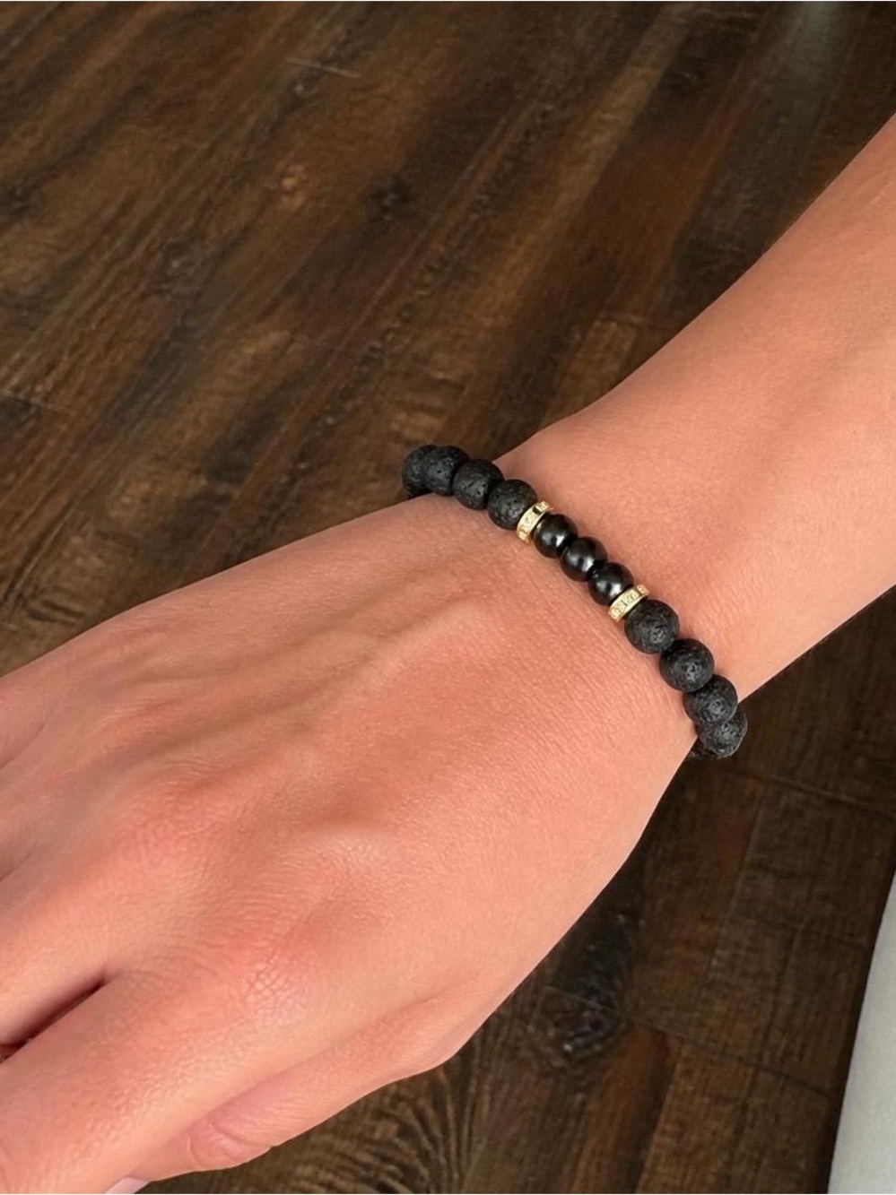 Black Lava Stone & Gold Accent Men's Bead Bracelet